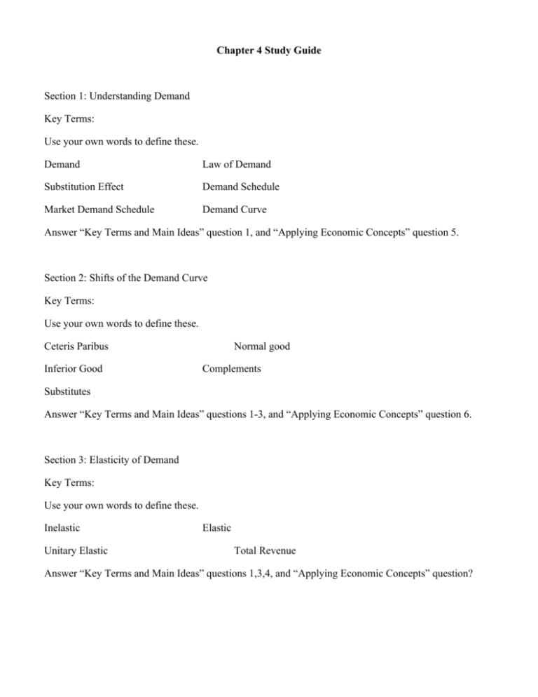 Chapter 4 Study Guide Section 1 Understanding Demand Key Chapter 4 Study Guide Section 1 Understanding Demand Key