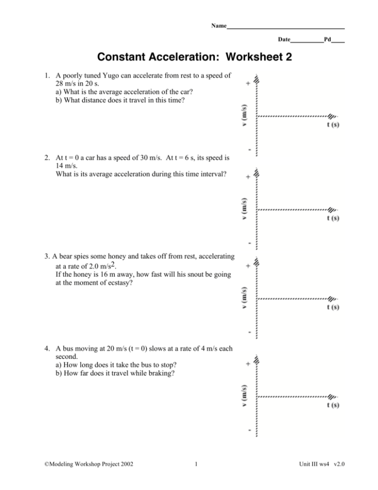 Constant Acceleration Worksheet 2