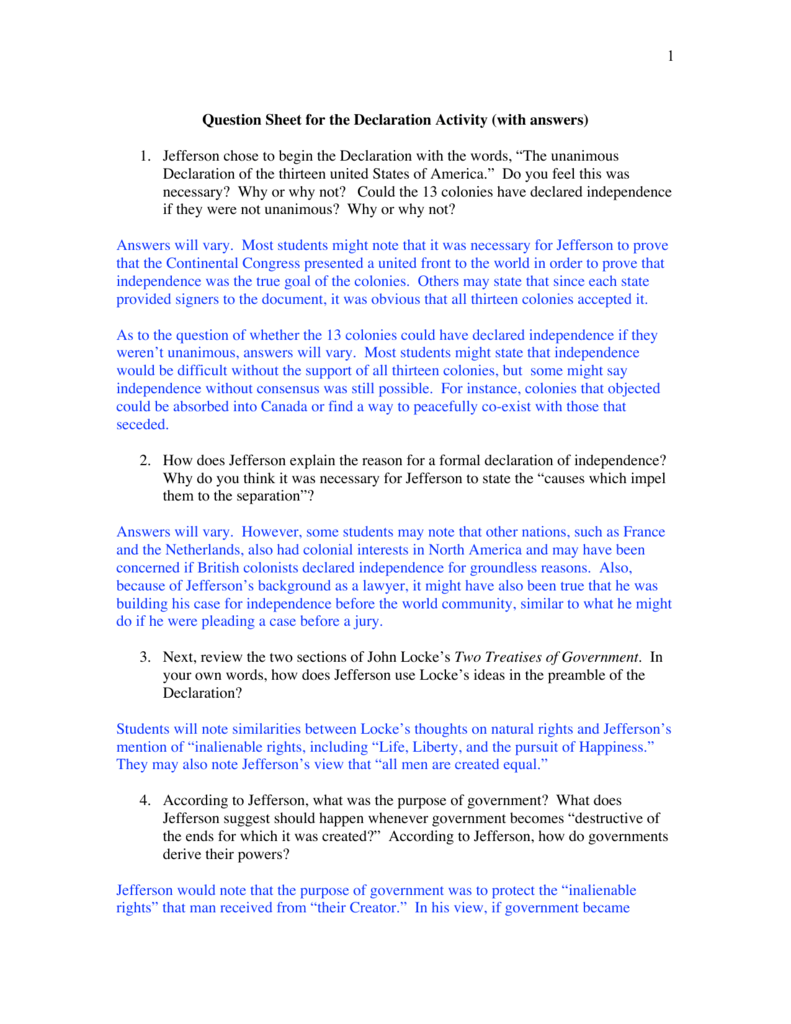 1 Question Sheet For The Declaration Activity with Answers 1