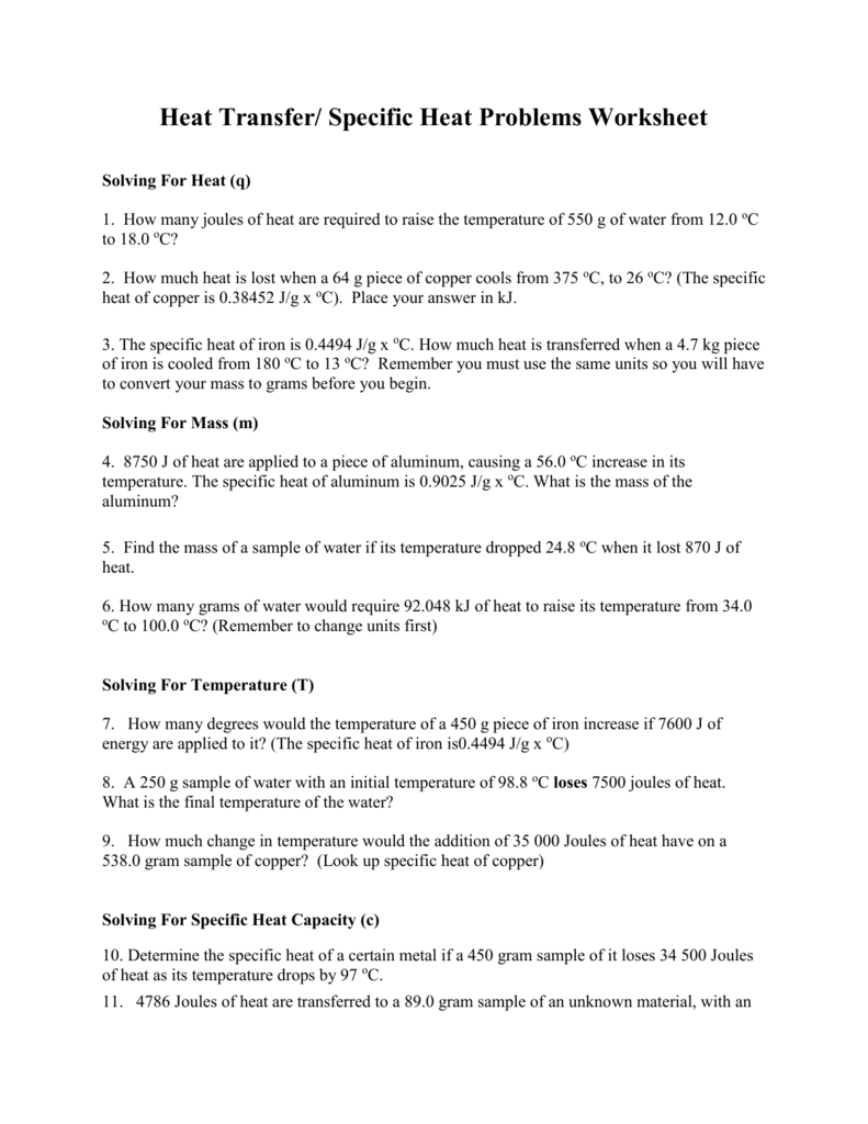 Heat Transfer/ Specific Heat Problems Worksheet Inside Specific Heat Worksheet Answers