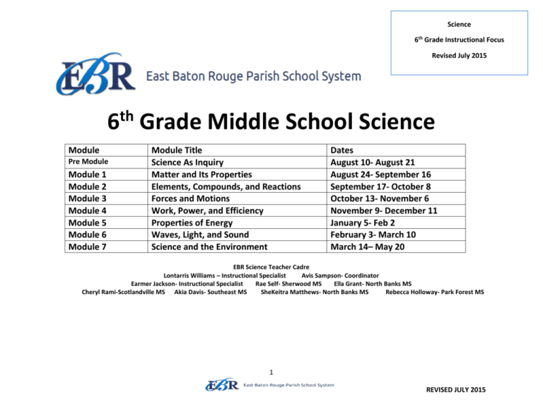 6th Grade Science Instructional Focus