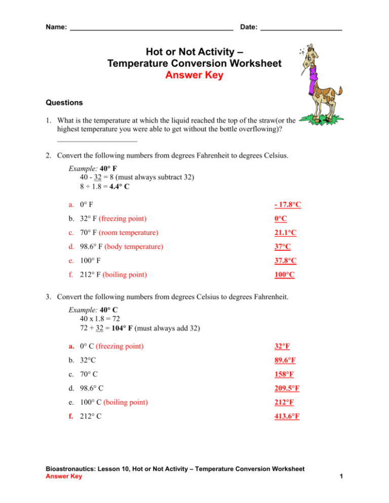 Temperature Conversion Practice Worksheet With Answers