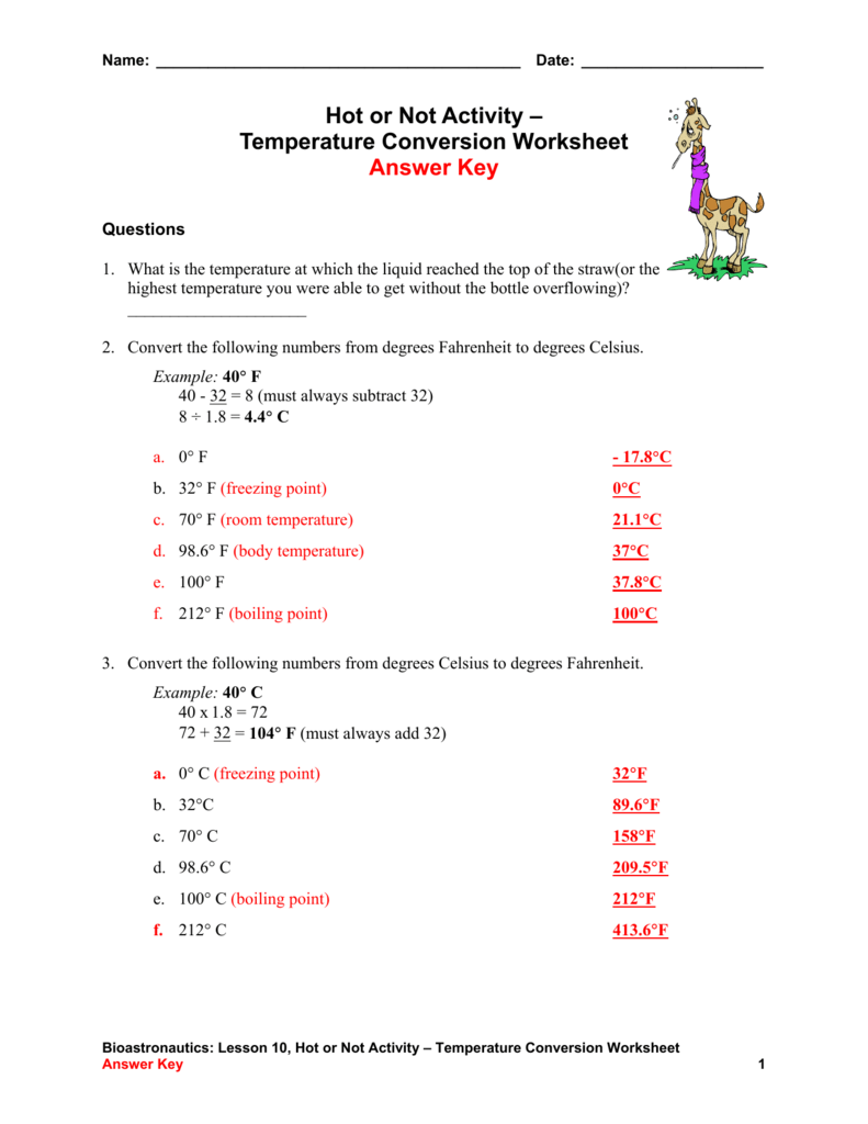 Temperature Conversion Worksheet Answers Inside Temperature Conversion Worksheet Answer Key