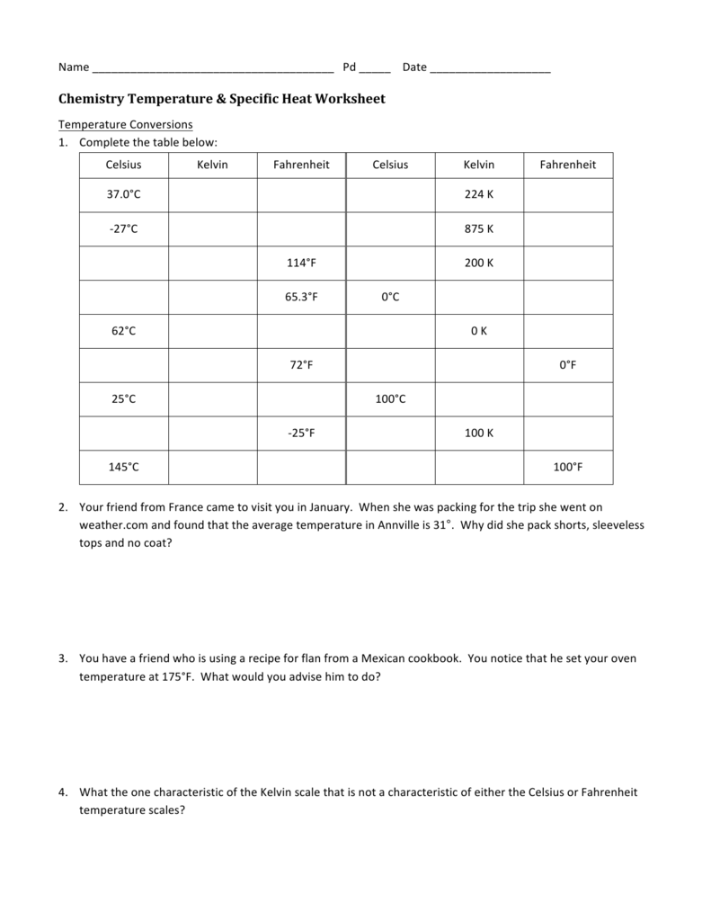 Chemistry Temperature & Specific Heat Worksheet For Temperature Conversion Worksheet Answers