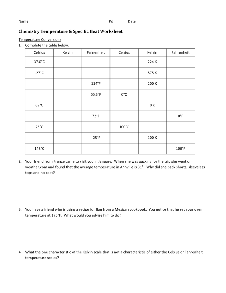Chemistry Temperature Specific Heat Worksheet
