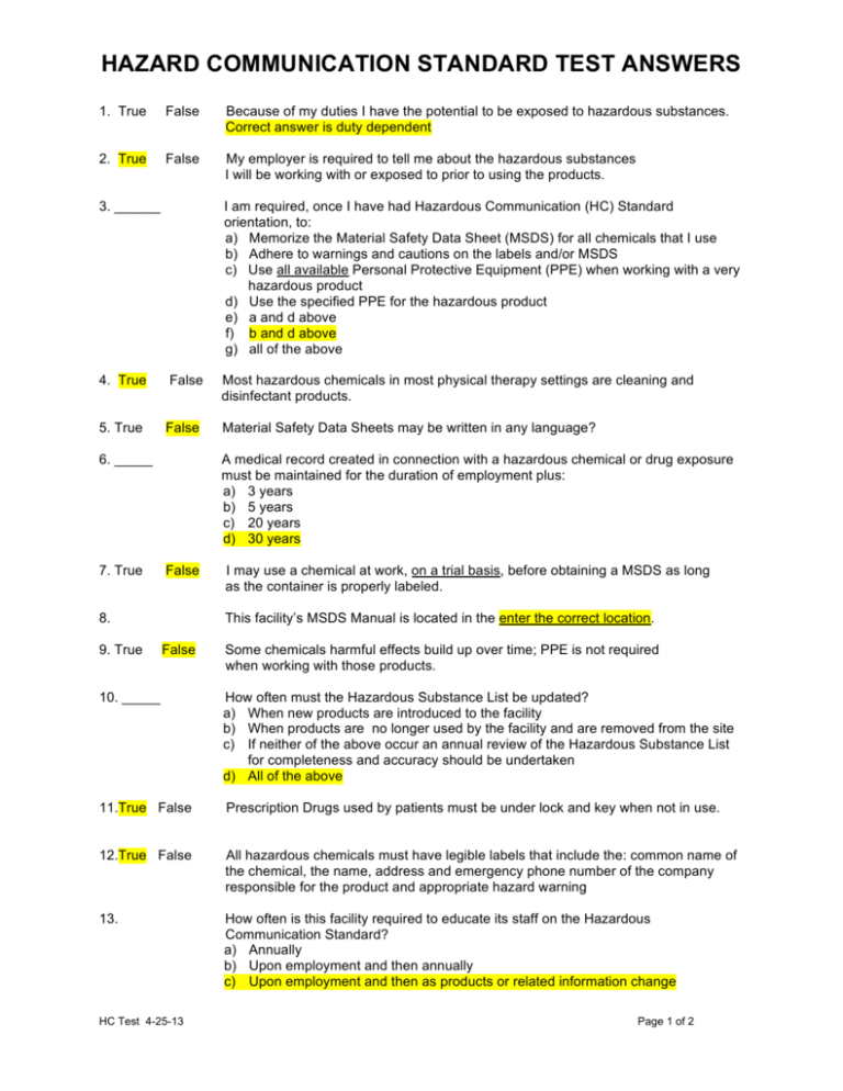 hazard communication standard test answers