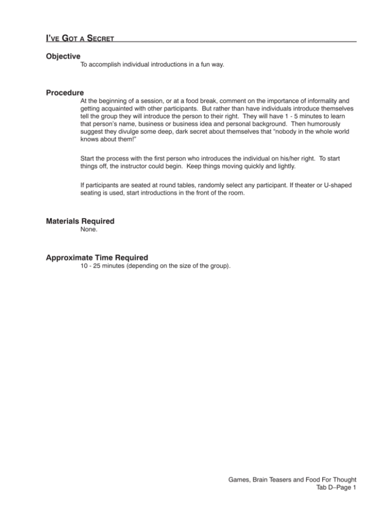 Materials Required Approximate Time Required