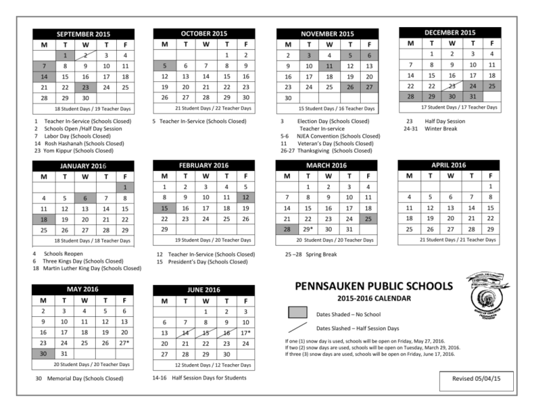School Calendar 20152016 Pennsauken School District