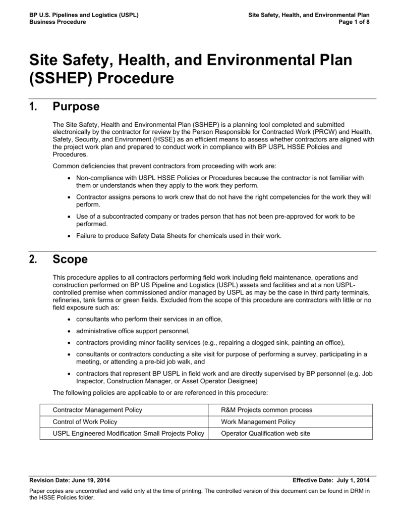 Site Safety, Health, and Environmental Plan (SSHEP