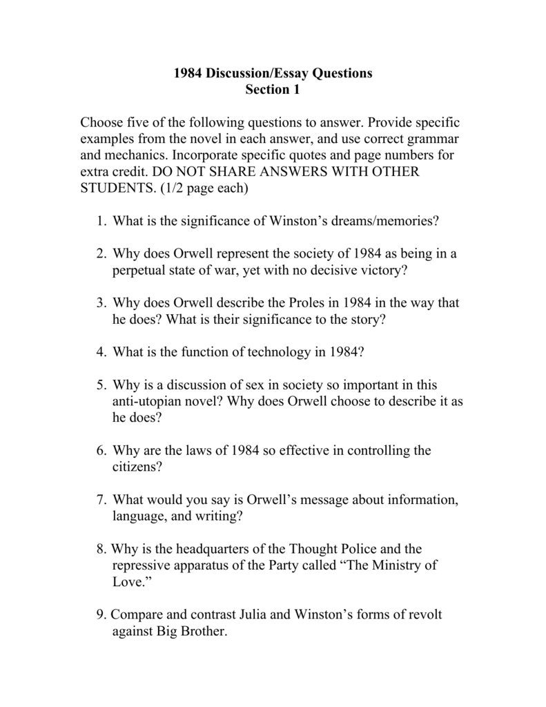 1984 part 1 essay questions