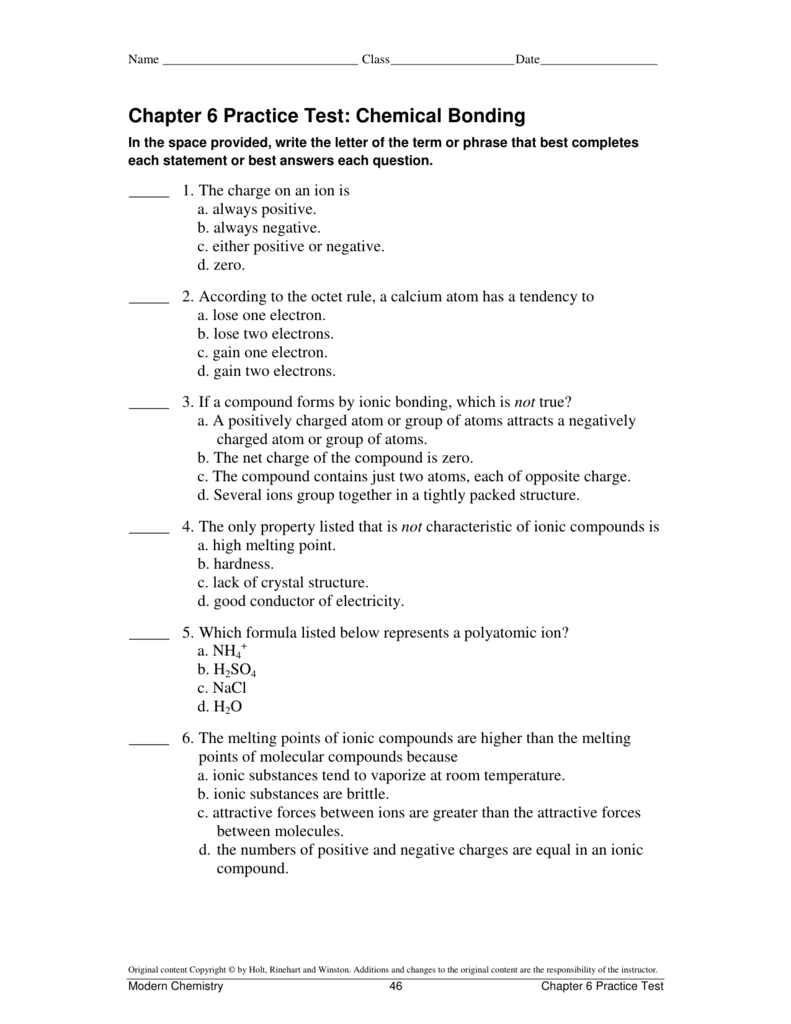 Chapter 6 Practice Test Chemical Bonding