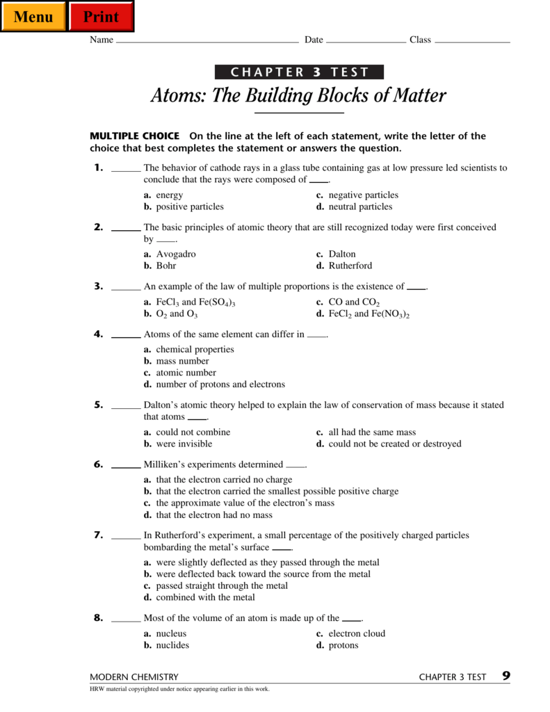 Holt Modern Chemistry Chapter3 Practice Test