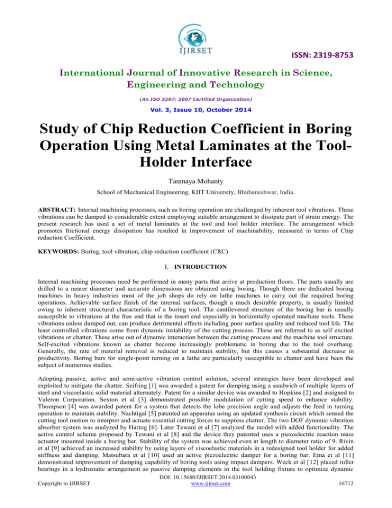 Study of Chip Reduction Coefficient in Boring Operation Using Metal