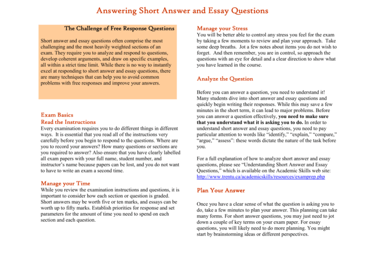 difference between essay type questions and short answer questions