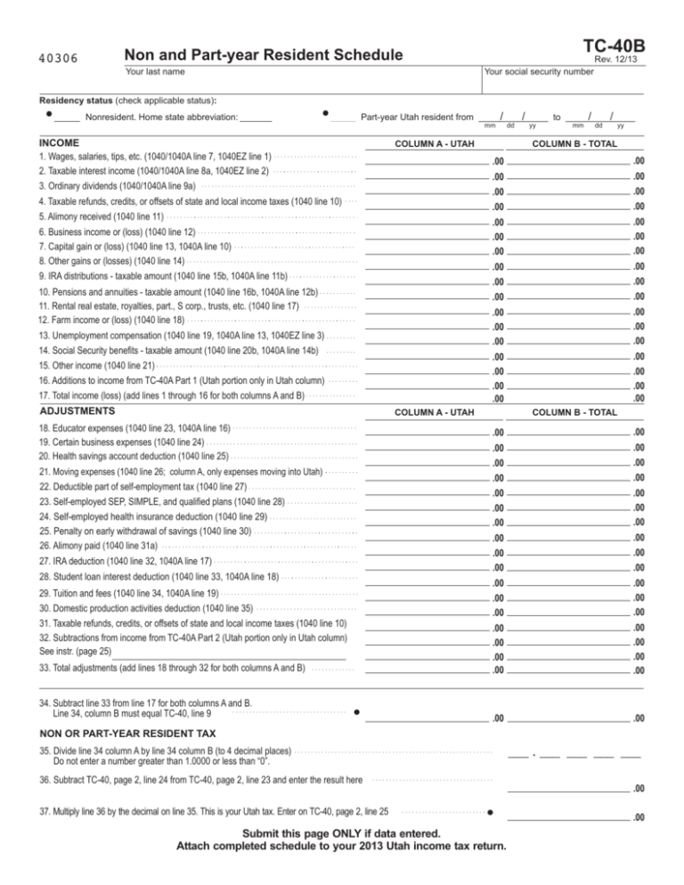 2013 TC-40B, Non or Part-Year Resident Utah Income Schedule