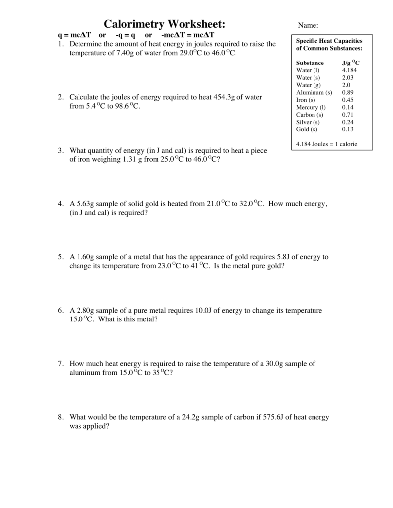 Calorimetry Worksheet 