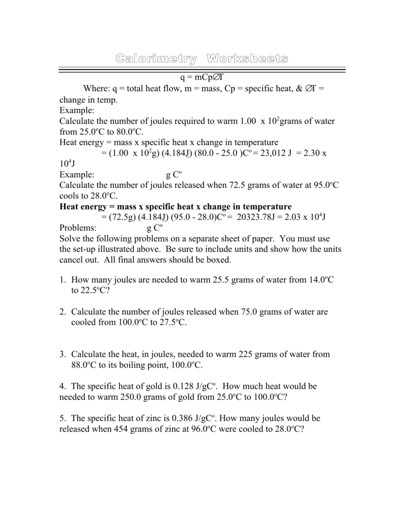 Calorimetry Worksheets