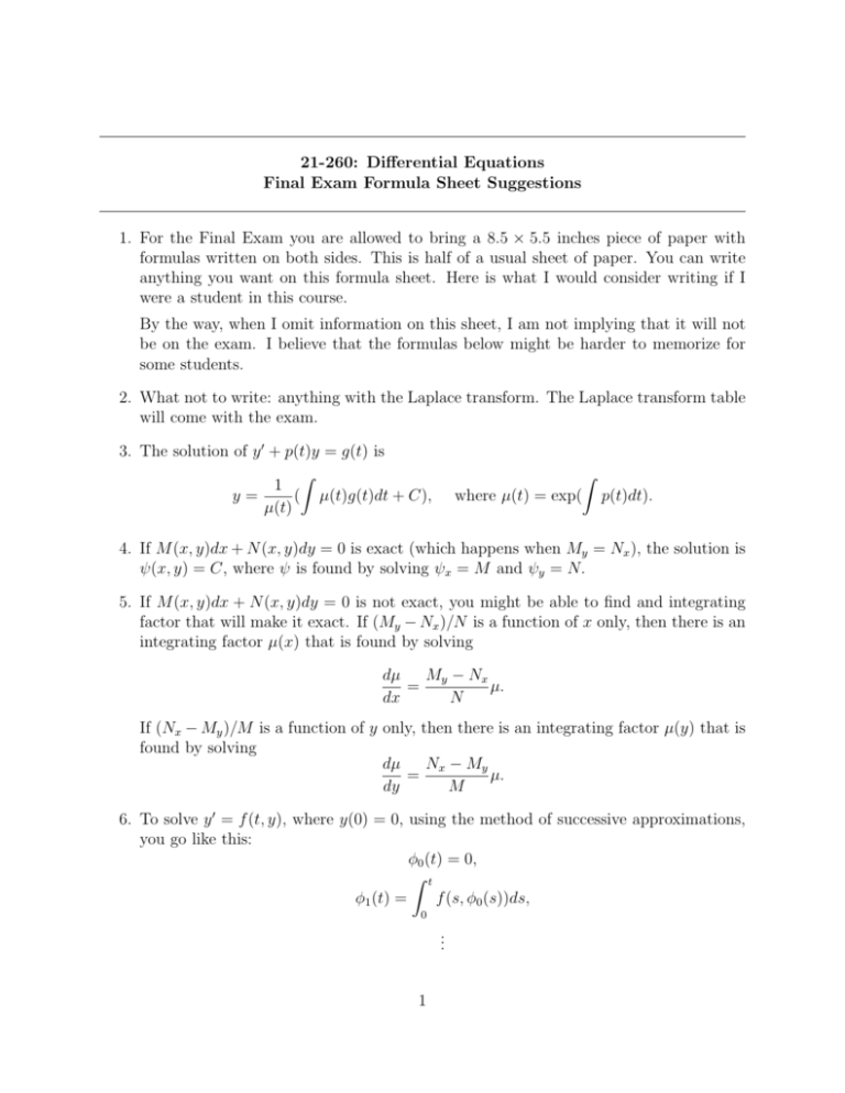 Differential Equations Final Exam Formula Sheet Suggestions 1 For