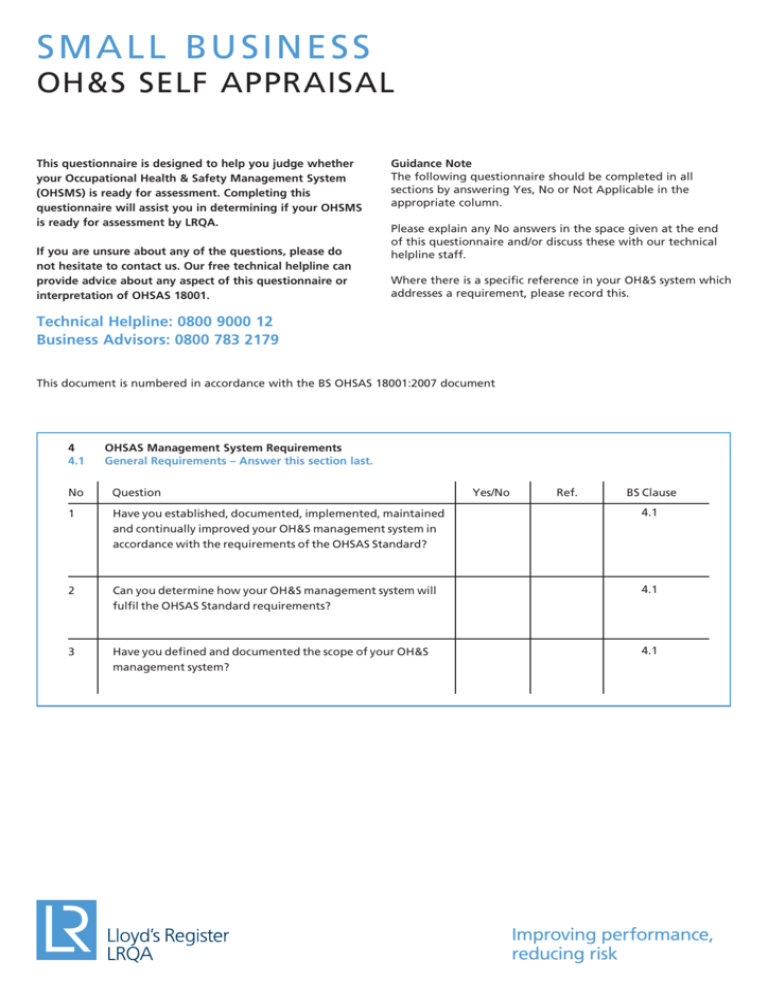 Ohs Questionnaire SB OHS Questionnaire March 14.indd
