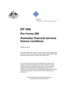 Pro Forma PF 209 Australian financial services licence conditions