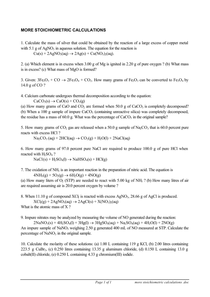 More Stoichiometric Calculations 1 Calculate The Mass Of