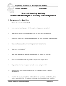 Worksheet 1: Directed Reading Activity for Gottlieb Mittelberger's