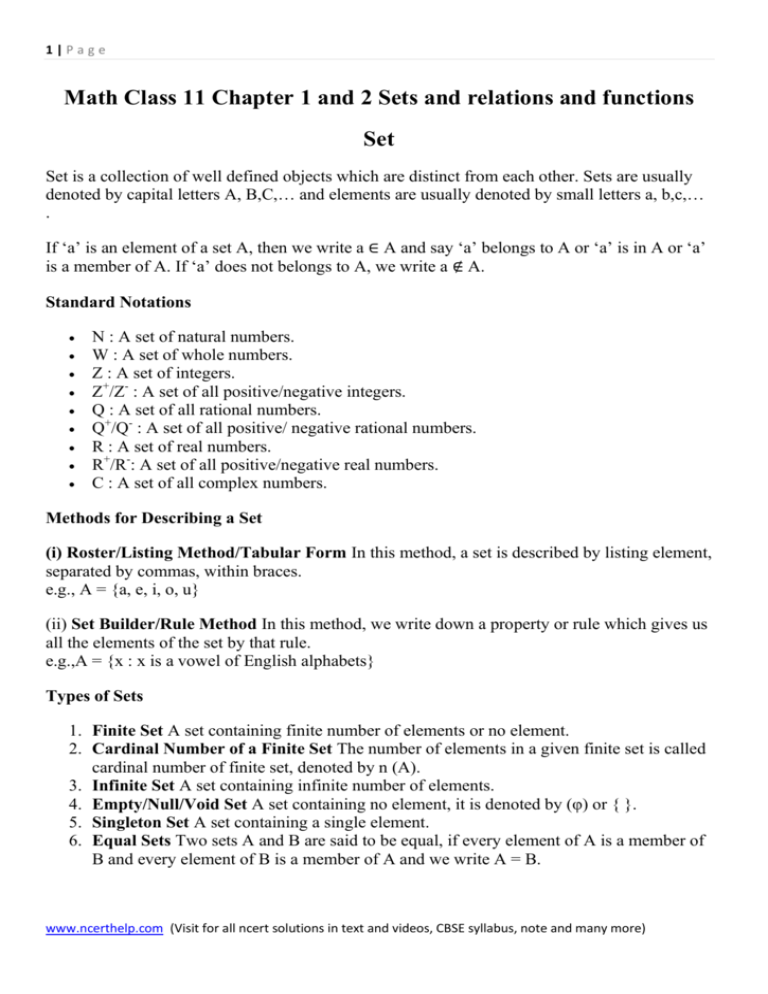 Math Class 11 Chapter 1 And 2 Sets And Relations And Functions Set