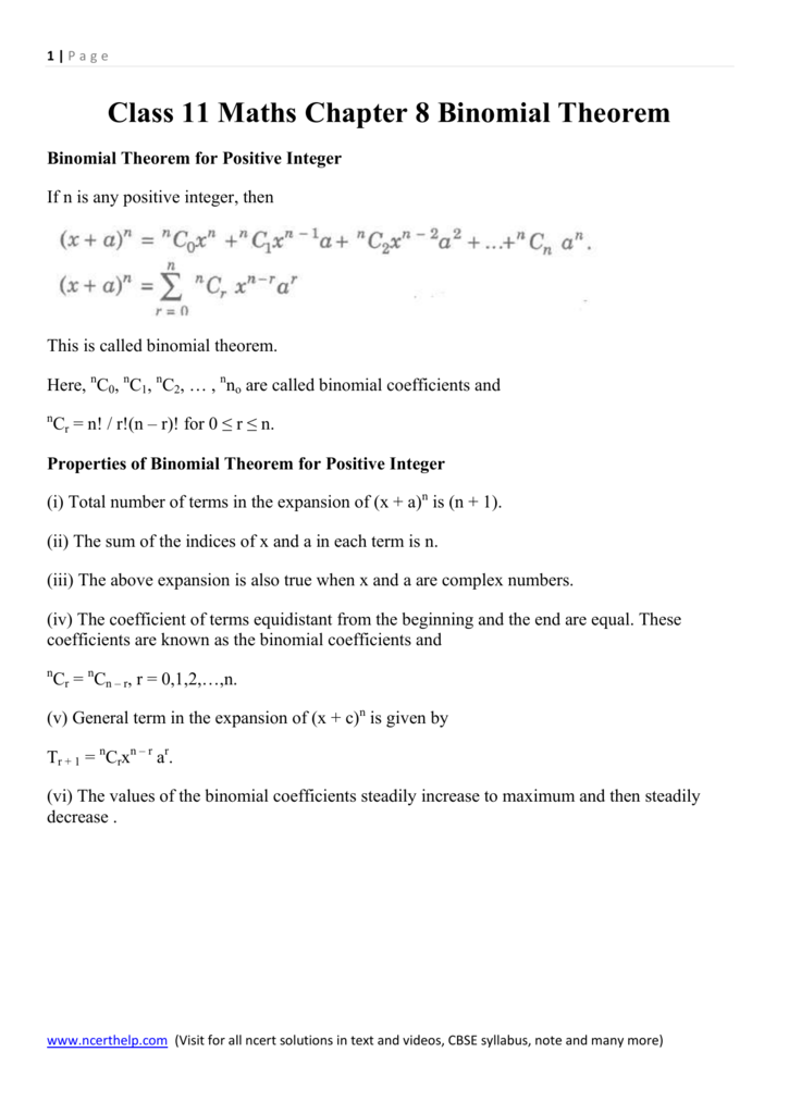 Class 11 Maths Chapter 8 Binomial Theorem