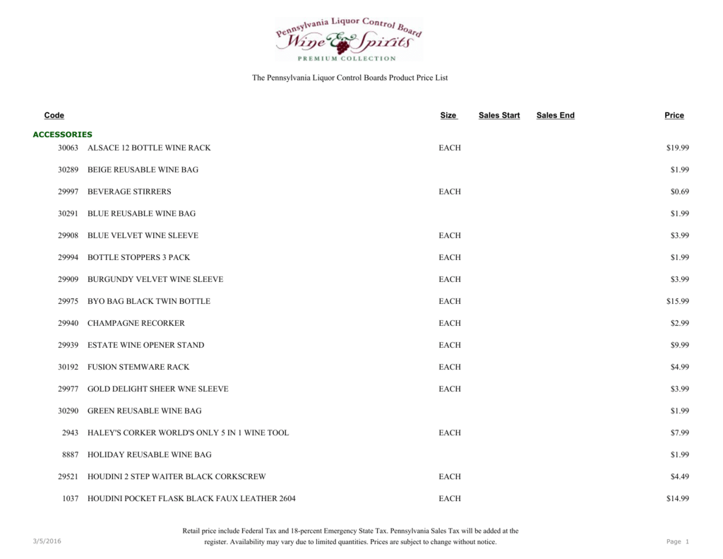 The Pennsylvania Liquor Control Boards Product Price List Price