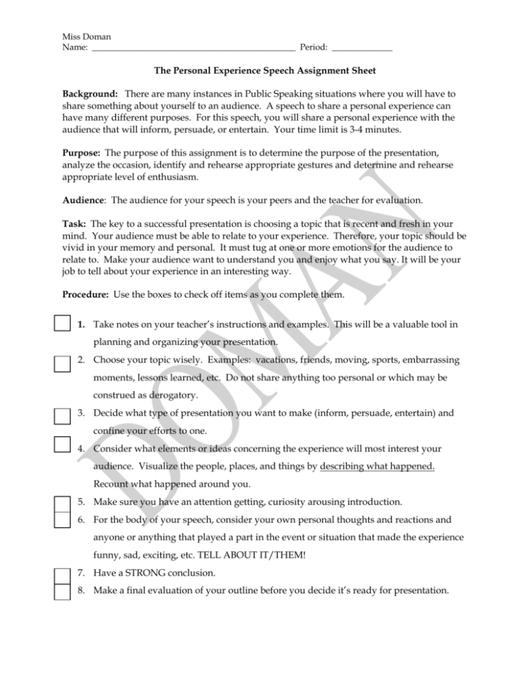  Personal Experience Speech Examples Personal Experience Story Essay 