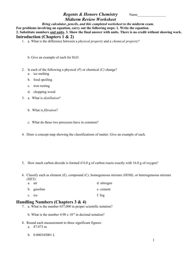 Regents & Honors Chemistry Midterm Review Worksheet