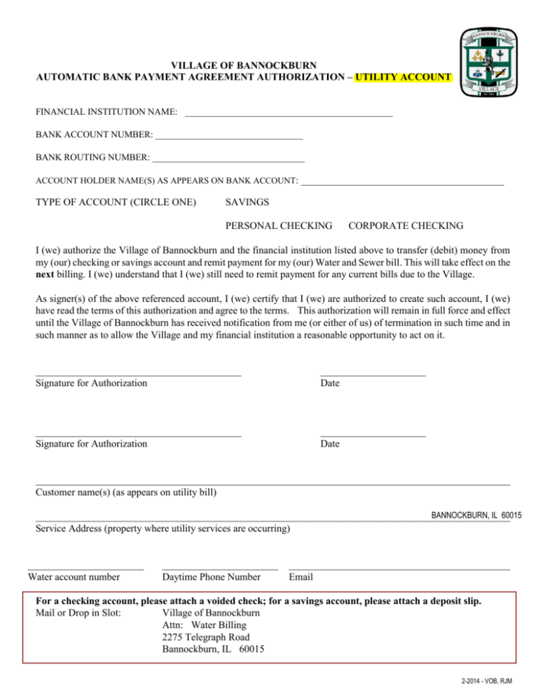 Water Sewer Automatic Bank Payment Agreement Authorization Water Sewer Automatic Bank Payment Agreement Authorization
