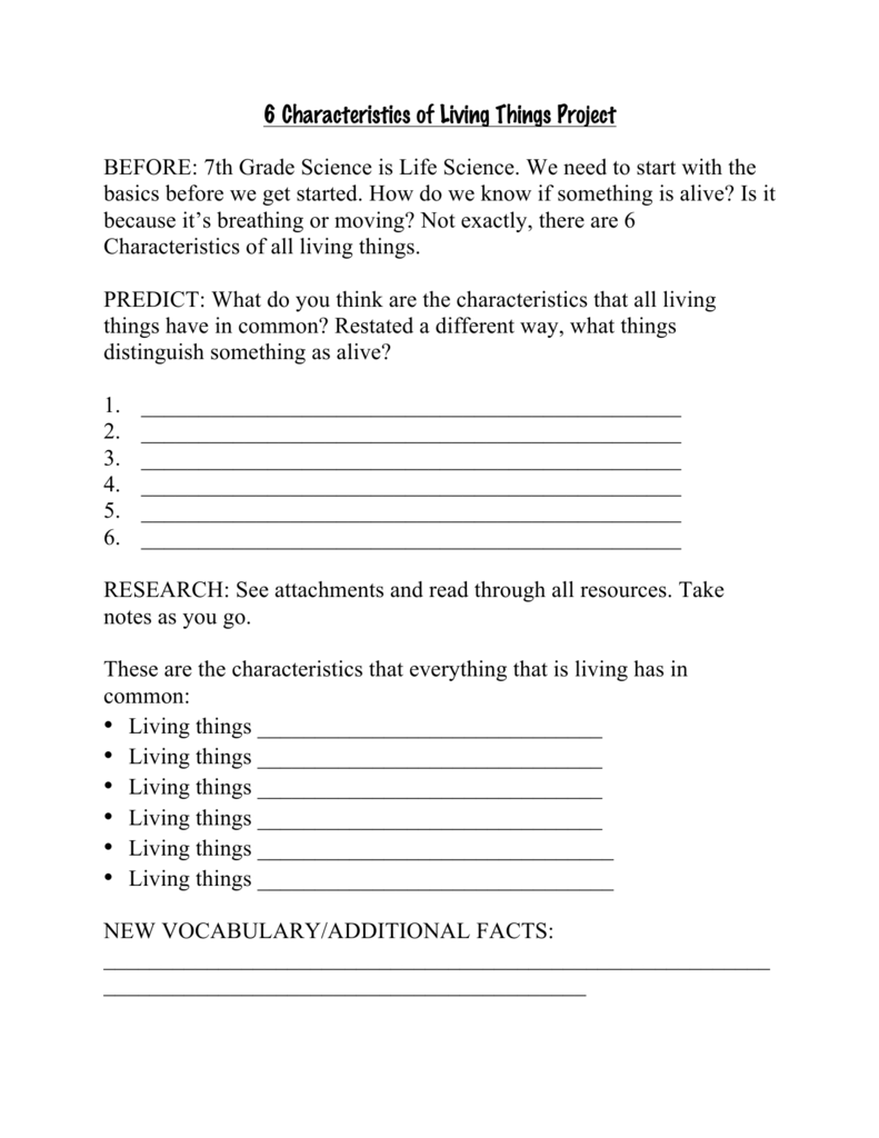 20 Characteristics of Living Things Project Within Characteristics Of Life Worksheet