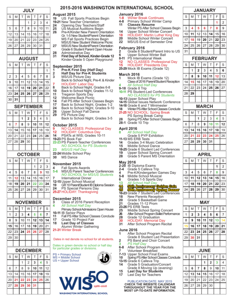 One page Calendar Washington International School