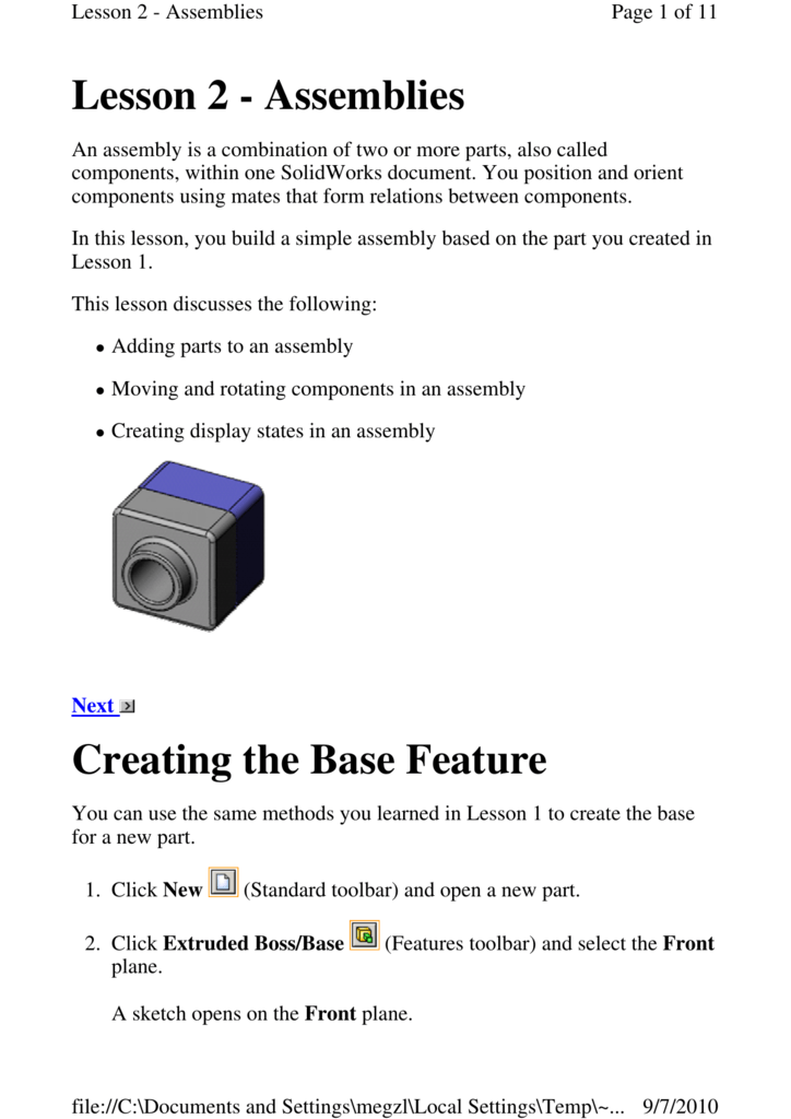 Lesson 2 - Assemblies Creating The Base Feature