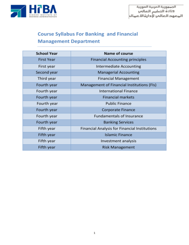 Course Syllabus For Banking And Financial Management