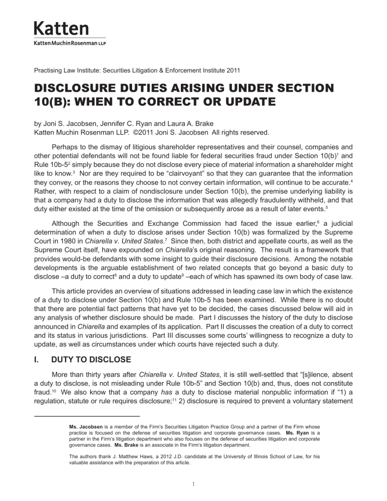 disclosure duties arising under section 10(b) when to correct or