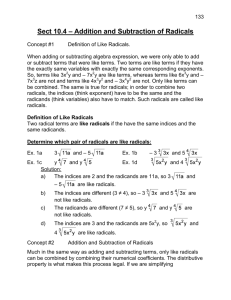 Sect 10.4 – Addition and Subtraction of Radicals