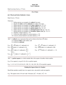 Math 2201 Unit 4: Radicals Read Learning Goals, p. 173 text. Ch. 4