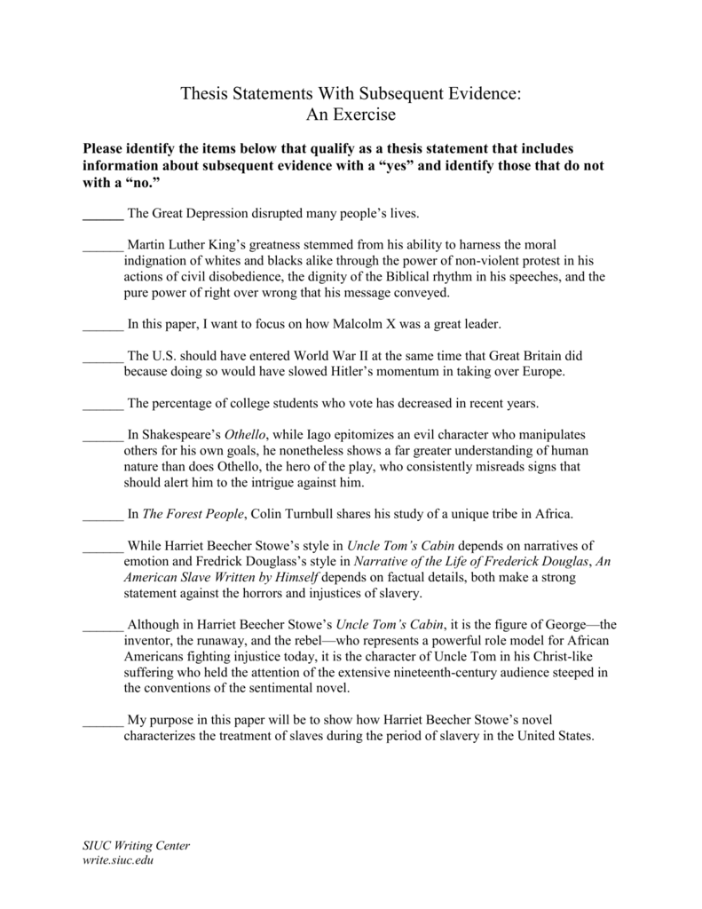 Thesis Statements Exercise Within Identifying Thesis Statement Worksheet