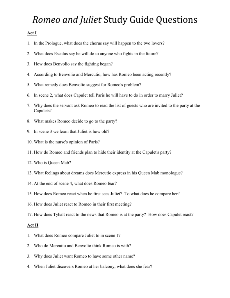 Romeo And Juliet Study Guide Questions Romeo And Juliet Study Guide Questions