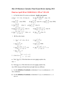 Mat 210 Business Calculus Final Exam Review Spring 2012 Final