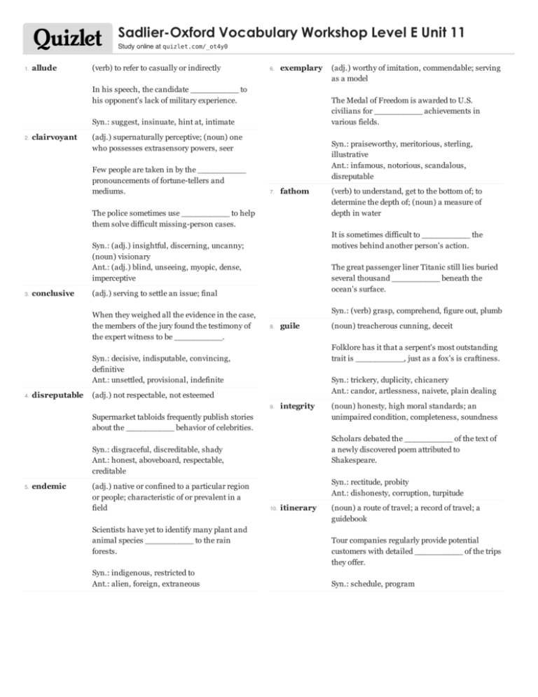 Print › Sadlier-Oxford Vocabulary Workshop Level E Unit 11 | Quizlet