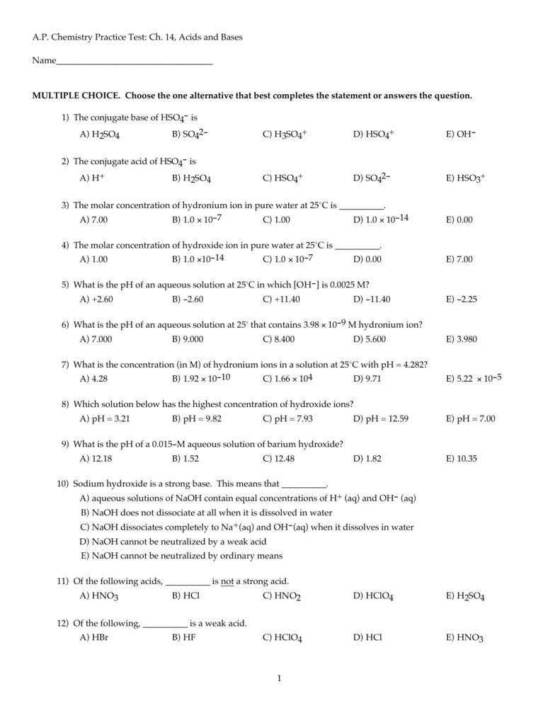 A.P. Chemistry Practice Test Ch. 14, Acids and Bases