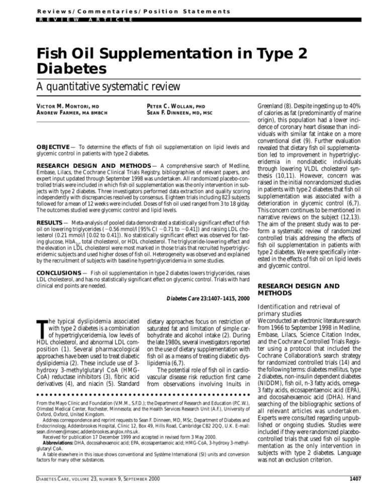 Fish Oil Supplementation in Type 2 Diabetes