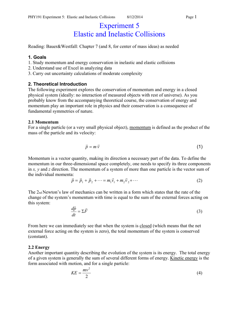 PHY11 Experiment 11: Elastic and Inelastic Collisions For Momentum And Collisions Worksheet Answers