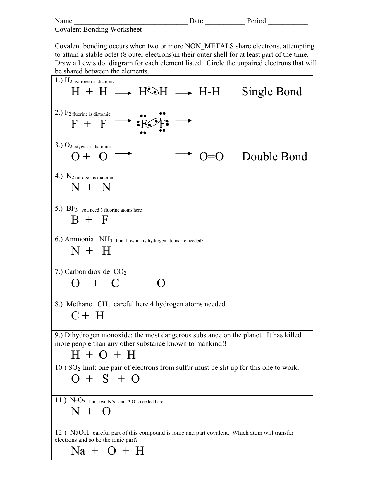 Chemical Bonding Worksheet Answers