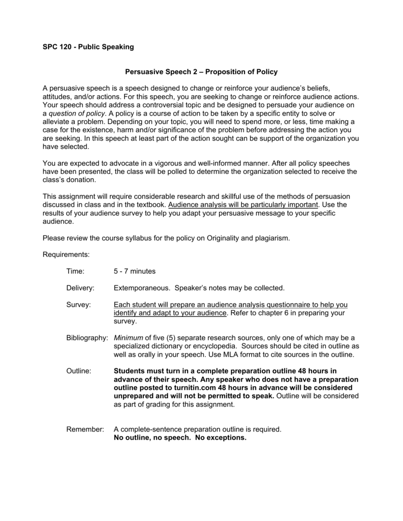 policy persuasive speech outline examples