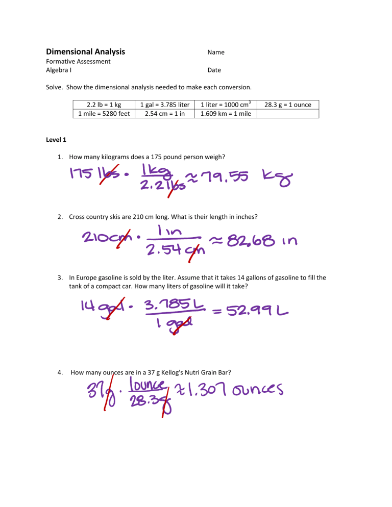 metric conversions and problem solving using dimensional analysis