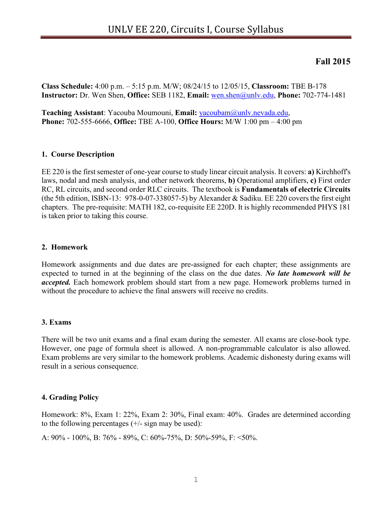 Unlv Final Exam Schedule Fall 2022 Unlv Ee 220, Circuits I, Course Syllabus